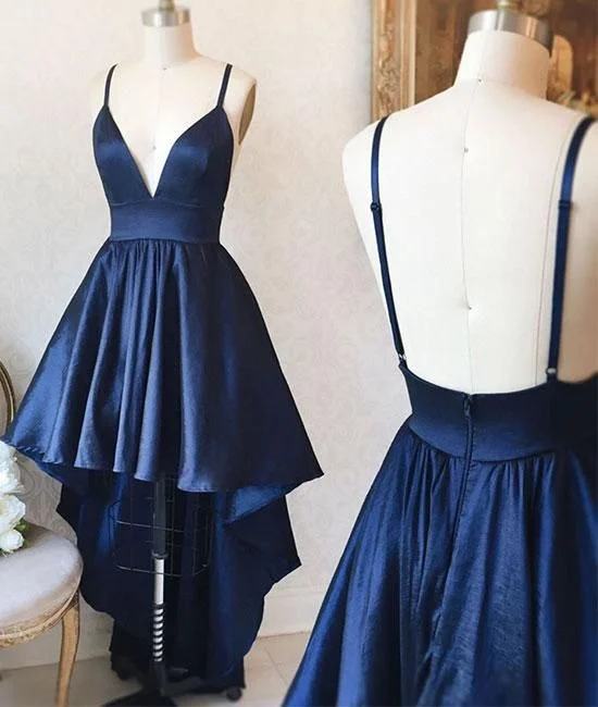 prom dresses for hourglass figuresSimple V Neck High Low Homecoming Dress Navy Blue Prom Dresses