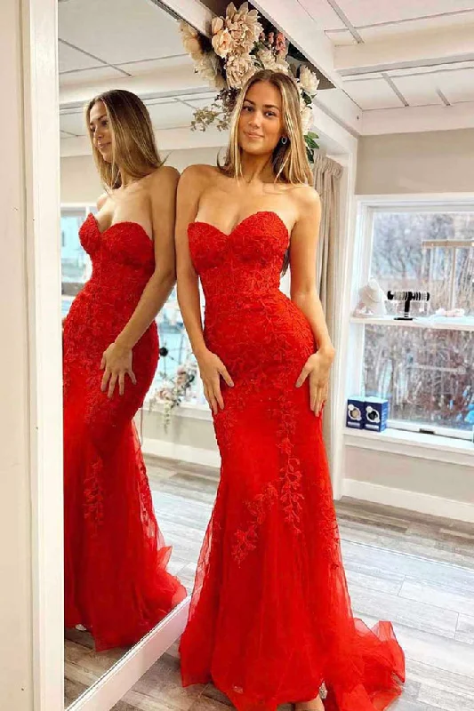 illusion neckline prom dresses2025 Strapless Long Lace Prom Dresses Red UK Mermaid Appliques