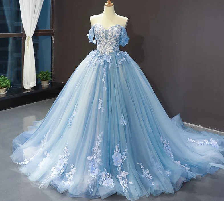 two-piece prom dressesSweet 16 Blue Quinceanera Dresses Ball Gown Prom Dresses Off the Shoulder