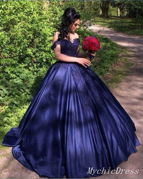 elegant prom dressesSweetheart Navy Blue Lace Prom Dresses Ball Gown off Shoulder Quinceanera Dress