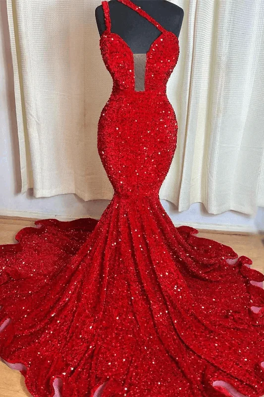 metallic prom dressesSweetheart Sleeveless Sequins Red Mermaid Prom Dresses