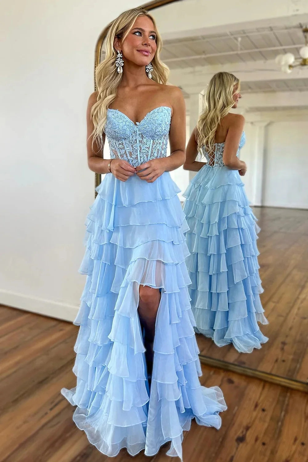 geometric print prom dressesTiered Corset Formal Dresses Sky Blue A-Line Long Prom Dress