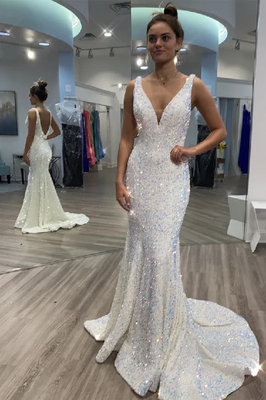 backless prom dressesV Neck Sequin Prom Dresses White Mermaid Long Formal Dress