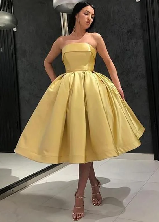 prom dresses with floral embroideryYellow Short Homecoming Dresses Satin Strapless Prom Dress